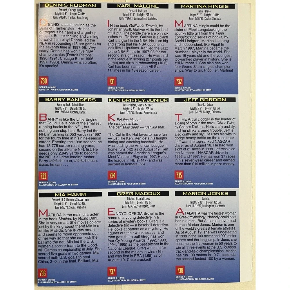 Sports Illustrated Kids 1998 Halloween Uncut Sheet Griffey Rodman Sanders Maddux